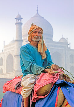 India, Uttar Pradesh, The Taj Mahal, man posing on his camel