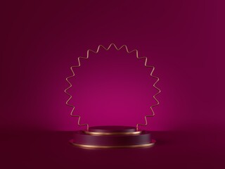 3d render, abstract pink modern minimal background. Cylinder podium, vacant pedestal, empty stage, showcase stand, product display platform blank mockup with golden frame. Premium advertisement design