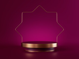 3d render, abstract pink gold minimal background. Cylinder podium, empty stage, vacant pedestal, showcase stand, product display platform blank mockup, golden star frame. Premium advertisement design