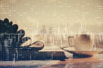 Double exposure of financial chart drawing and desktop with coffee and items on table background....