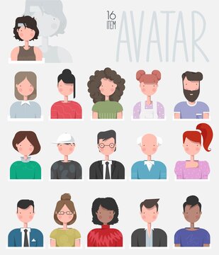 People avatar set. User pic, different human face icons for representing person in a video game, Internet forum, account. Vector flat style cartoon illustration isolated on white background
