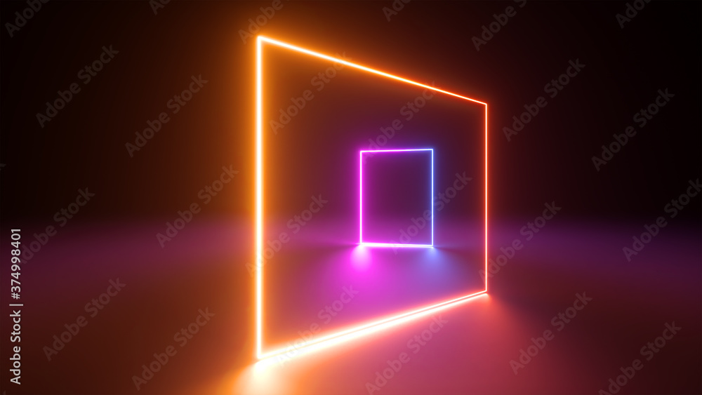 Poster 3d render, abstract neon geometric background. stage laser show illumination. blank rectangular shap