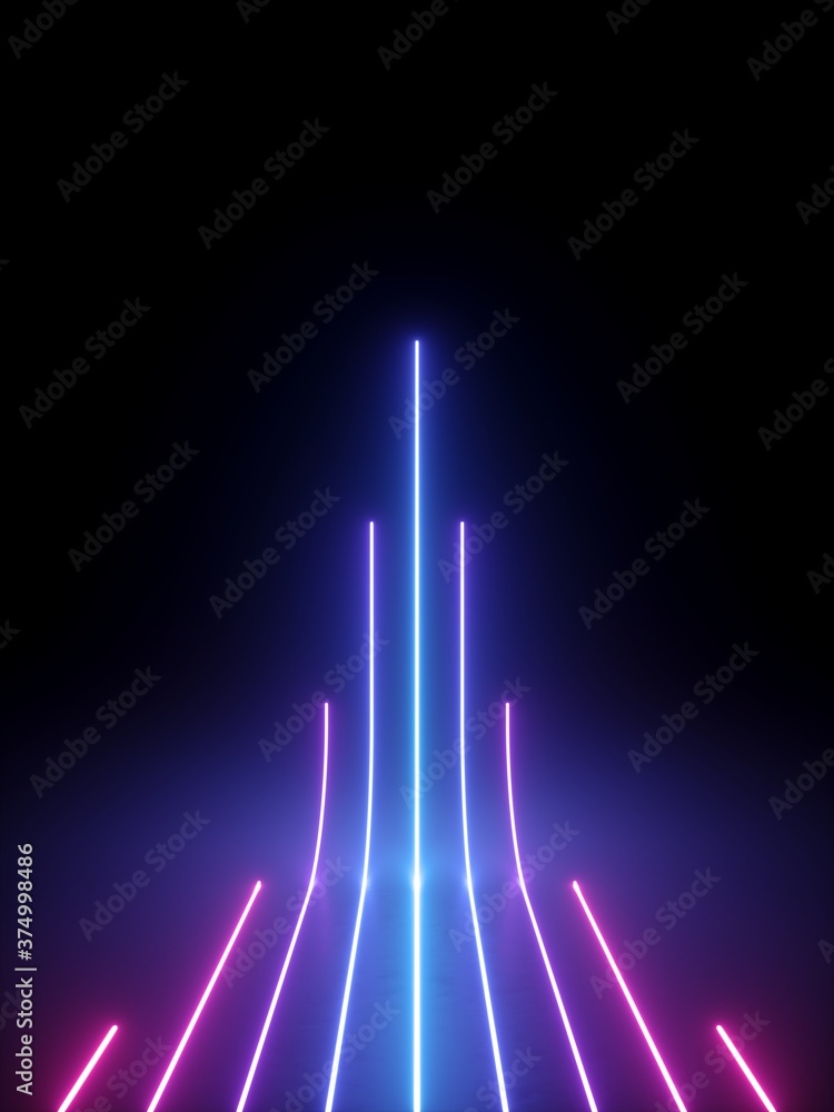Fototapete 3d rendering of vertical glowing lines isolated on black background. neon light rays. abstract minim