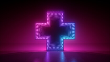 3d render, abstract neon background, glowing pink blue led light, plus or cross symbol with tunnel optical illusion inside. Modern minimal geometric design, empty performance stage floor reflection
