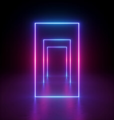 3d render, abstract minimal geometric background. Glowing neon lines. Tunnel, corridor, stage illumination, fashion podium. Blank rectangular frame with copy space