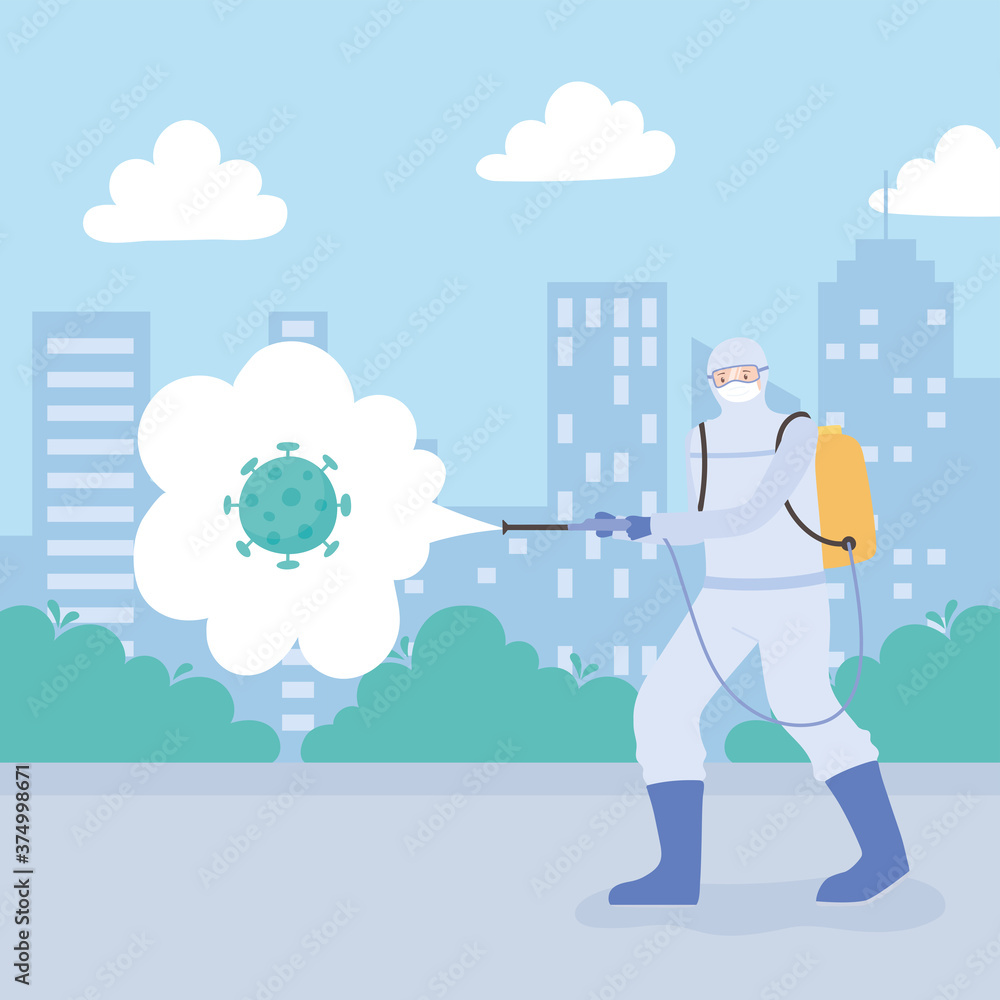 Canvas Prints virus disinfection, man with medical suit and mask spraying disinfectant coronavirus in the city, preventive measure