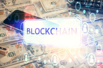 Fototapeta premium Multi exposure of crypto theme drawing over us dollars bill background. Concept of blockchain success.