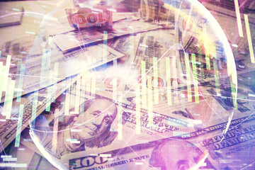 Multi exposure of business theme drawing over us dollars bill background. Concept of financial success.