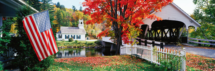 United States of America, New Hampshire, Stark Village, Church and Covered Bridge