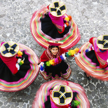 Overhead view of Mestiza Cuzquena dancers in motion, Cuzco (Cusco), Peru, South America