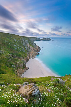 Pednvounder Beach and Logan Rock from Treen Cliff, Porthcurno, Cornwall, England, United Kingdom, Europe