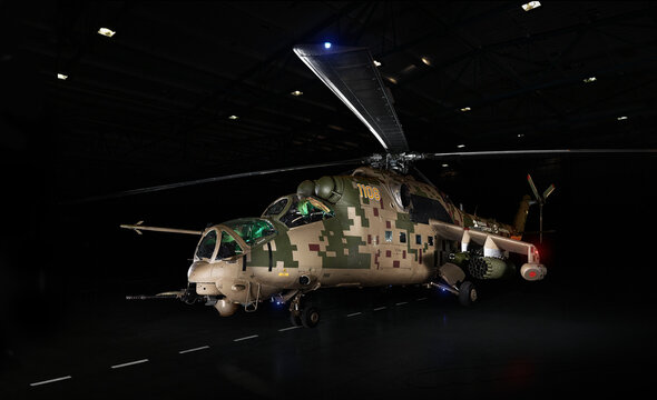 Mil Mi-35P, Mi-24P Variant 2019, Phoenix, modern attack helicopter in the dark, lit by spotlights. 08.08.2019, Rostov Region, Russia