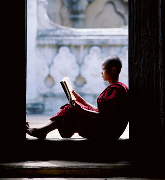 Novice Monk reading in doorway. Myanmar.