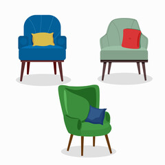 Different chairs set with pillow and bag chair. Flat cartoon style vector illustration.