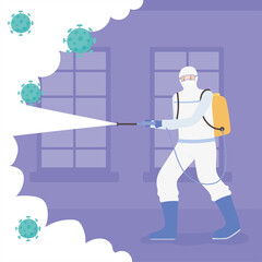 virus disinfection, man in hamzat suit cleaning and disinfecting, covid 19 coronavirus, preventive measure