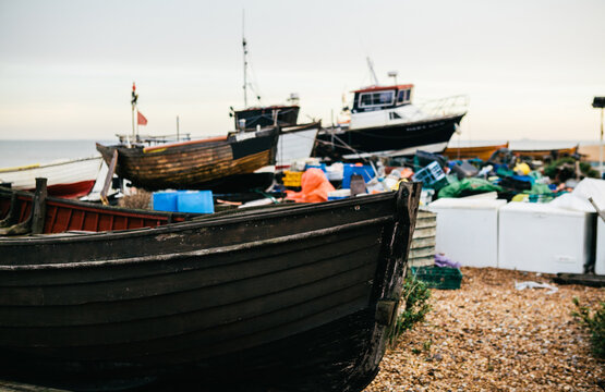Fishing boat on an empty beach, Kent, UK.
