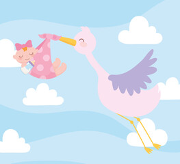 baby shower, stork carrying baby girl in blanket, celebration welcome newborn