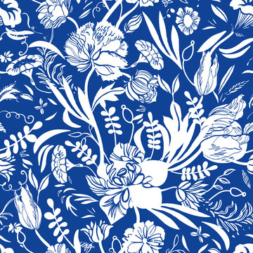 Vector classic royal porcelain blue royal hand drawn elegant floral seamless pattern with line art and cutout florals on blue background. Nature background. Surface pattern design.