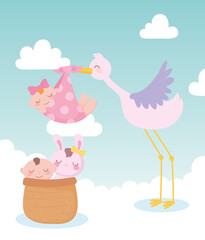 baby shower, stork with baby girl and little boy and rabbit in basket, celebration welcome newborn