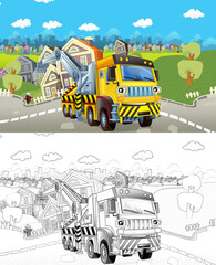 Cartoon sketch scene with tow truck on the street - illustration