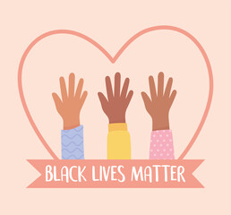 black lives matter banner for protest, raised hands diversity in heart, awareness campaign against racial discrimination