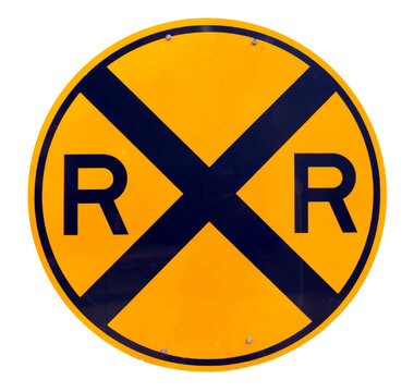 Black and orange circular railroad crossing sign. Isolated