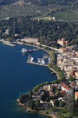 An aerial view from Rocca across the town of Garda.  Garda is a town on the edge of Lake Garda in...
