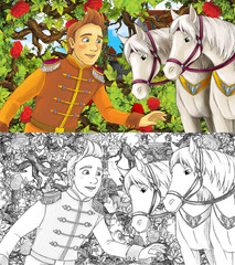 cartoon sketch scene with prince in garden with horses