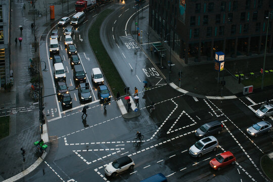 Traffic and Crossroad on Rainy Day Overhead
