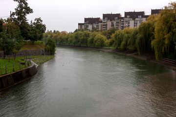 The river in old town Ljubljana on a rainy day