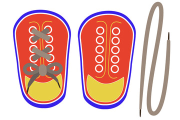 Lacing threading toy shoes. Montessori toys for early kids education. Learning to tie shoes and 
fine motor skills. Vector illustration in flat style