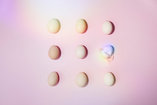 Eggs in row and columns, one is broken