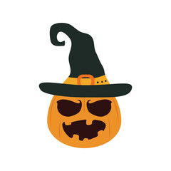 happy halloween, creepy pumpkin with hat trick or treat party celebration flat icon style
