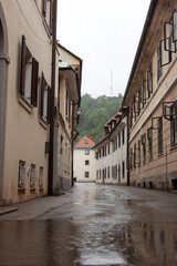 Fototapeta na wymiar The old narrow street on a rainy day