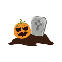happy halloween, pumpkin tombstone ground trick or treat celebration flat icon style