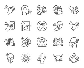Touch warning line icons. Stop touch face, eyes and medical mask. Covid cough symptoms, wash and disinfect hands icons. Do not press lift buttons, protect face with medical mask. Vector