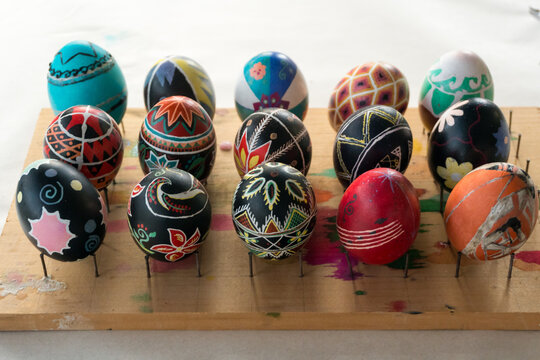 Colorful fine craft Easter eggs in Ukrainian tradition