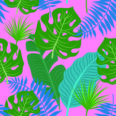 Seamless exotic pattern with tropical plants: monstera leaves, banana leaves, palm leaves. Vector background. Plants nature wallpaper