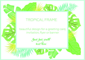 Vector frame template with tropical leaves: monstera, palm, banana. Horizontal card layout with place for text. Spring or summer design for invitation, wedding, party