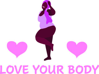 Obraz na płótnie Canvas Body positive. Love your body card, poster. Cartoon female characters loving their bodies. Beautiful plus size woman vector flat illustration.