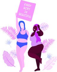 Obraz na płótnie Canvas Love your body vector illustration with different beautifu women wearing in lingerie, bra and bikini. Body positive, girl power concept. Self esteem design. Floral nature elements
