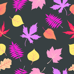 Seamless pattern of autumn leaves. Autumn nature pattern on dark background. Decorative leaves vector illustration. Cute forest background.