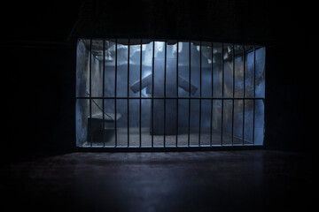 Old prison bars cell lock. Creative artwork decoration. Old grunge prison interior.