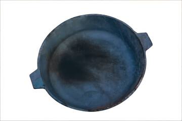 Old smoked cast iron frying pan isolate on a white background close-up.
