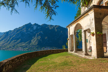 Santa Giulia Oratory. Panorama on Lake Lugano. Intelvi Valley. Como. Lombardy. Italy.