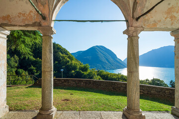 Santa Giulia Oratory. Panorama on Lake Lugano. Intelvi Valley. Como. Lombardy. Italy.
