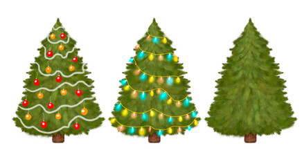 set of drawings of a Christmas tree in three versions. The tree is decorated with balls, garlands and the tree is not decorated, empty. Elements on a white background.
