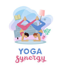 Two happy women meditate doing yoga together at home. Relax pair yoga in the room. Poster with lettering yoga synergy. Vector hand drawn illustration.