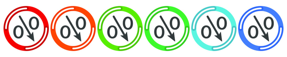 Percent down arrow icon, speedy economic growth concept. 6 colors option icon. Vector illustration flat design UI and UX