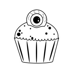 happy halloween, creepy sweet cupcake with eye trick or treat celebration line icon style